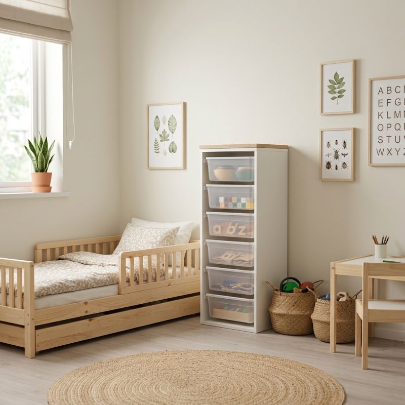 Organizador Juguetero Montessori Vertical de 6 Bateas Color Tráslucido C/ Techo Paraiso